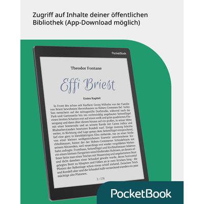 Zugriff auf E-Book-Reader: Bildschirm zeigt 'Effi Briest' von Theodor Fontane. Text über Buchzugriff und App-Download.