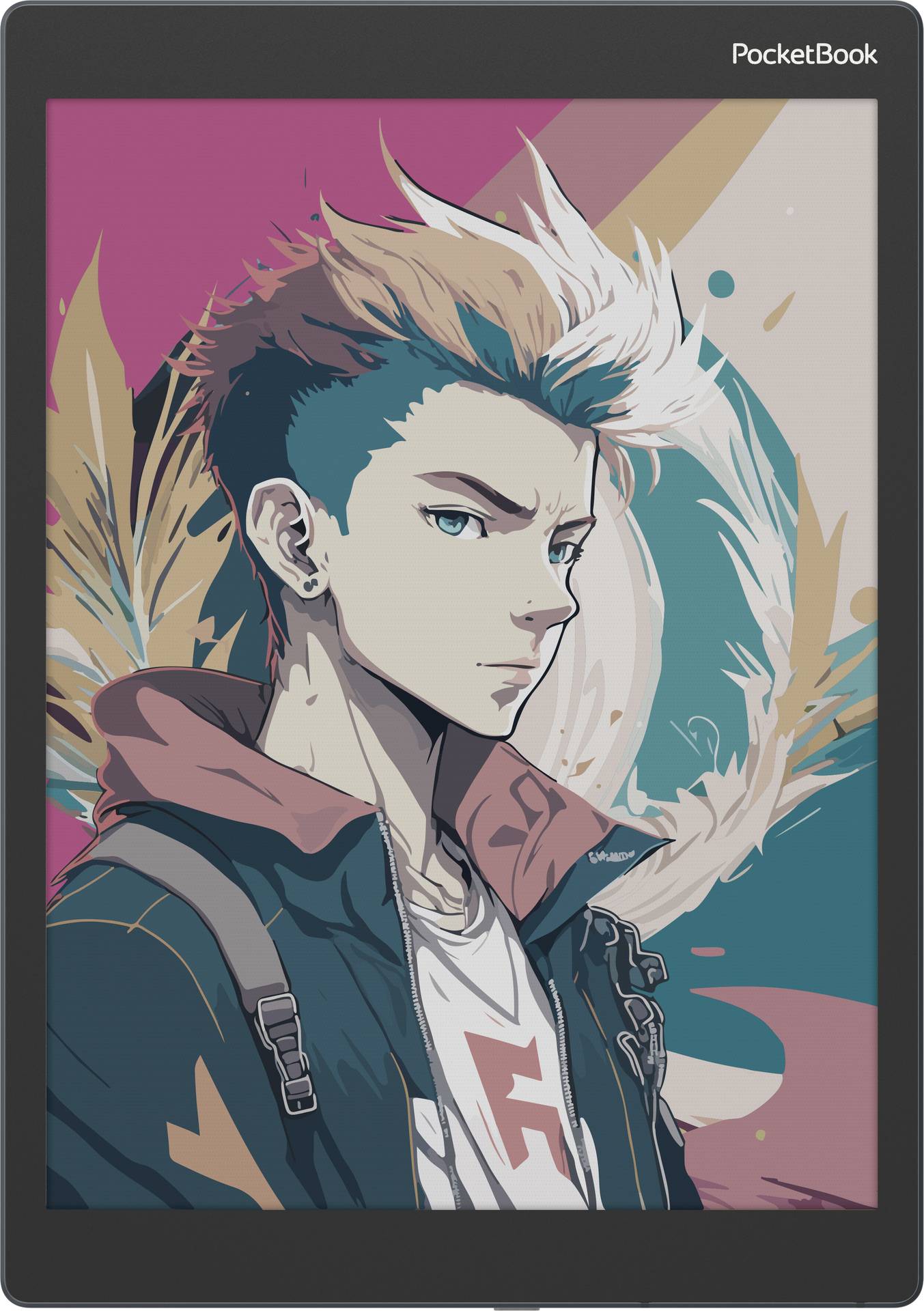 Digitale Zeichnung eines Jugendlichen mit zweifarbigem Haar und entschlossenem Gesichtsausdruck. Hintergrund in bunten Farben.