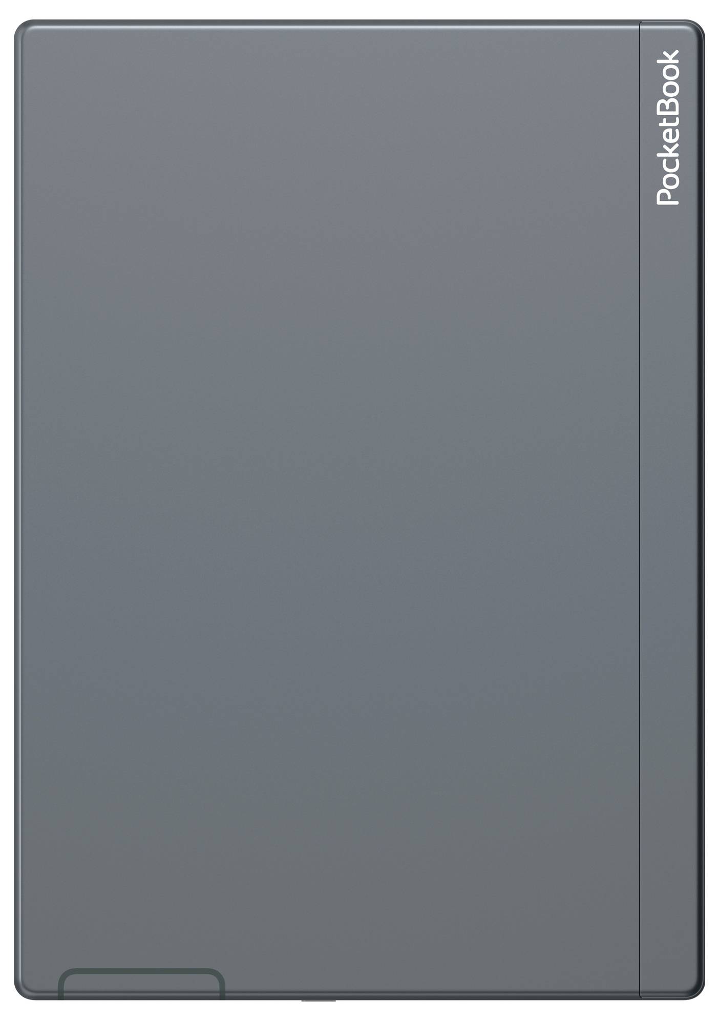 Ein graues E-Reader-Gerät mit der Aufschrift 'PocketBook' an der Seite. Der Bildschirm zeigt keine Inhalte.