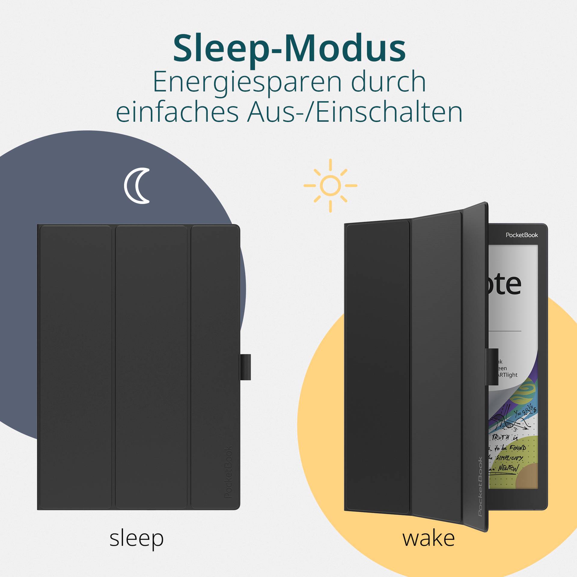 E-Reader mit geschlossenem und geöffnetem schwarzen Cover zeigt 'Sleep'- und 'Wake'-Modus zur Energieeinsparung. Symbole für Mond und Sonne.