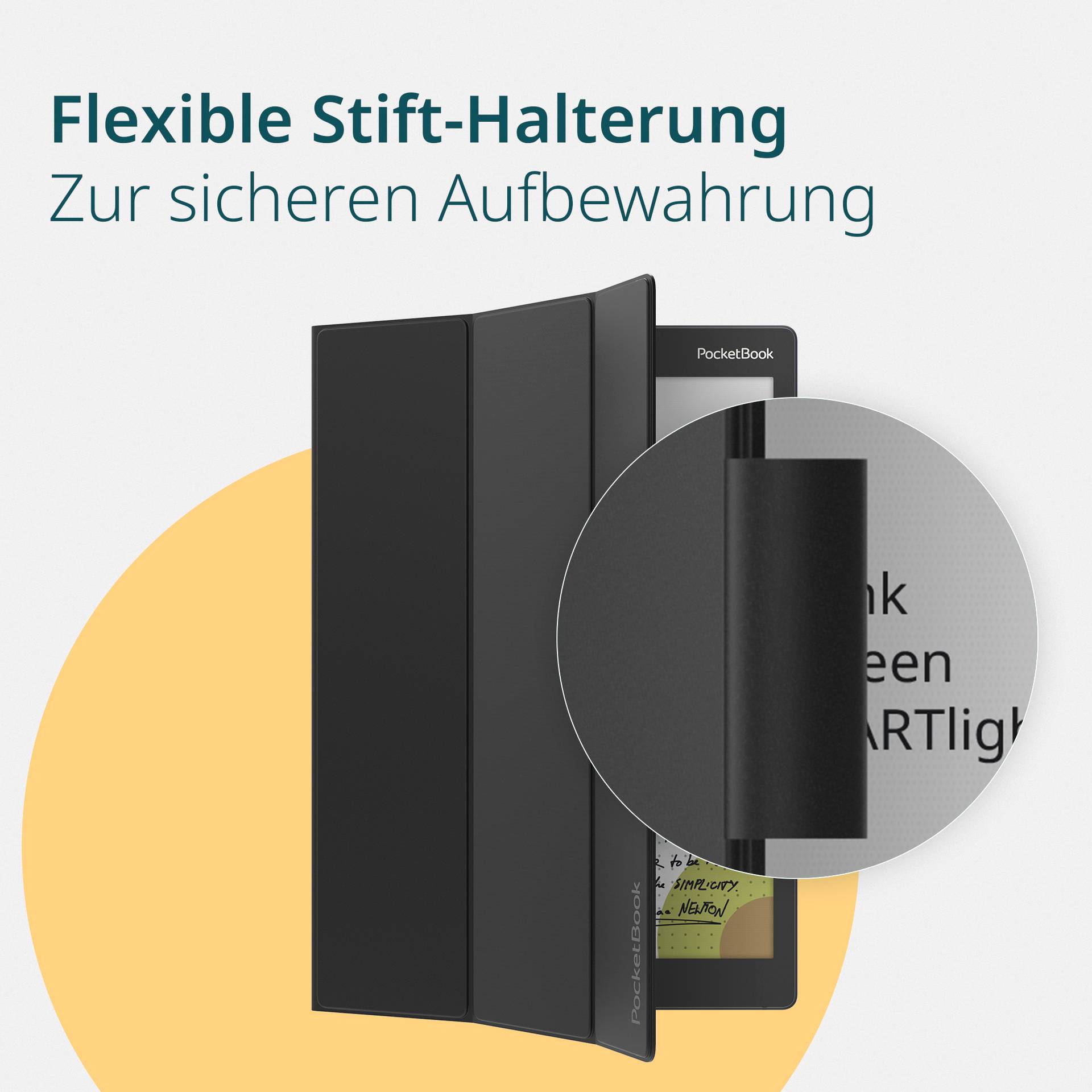 'Flexible Stift-Halterung zur sicheren Aufbewahrung' ist neben einem geschlossenen, schwarzen Etui zur Aufbewahrung eines Stiftes dargestellt.