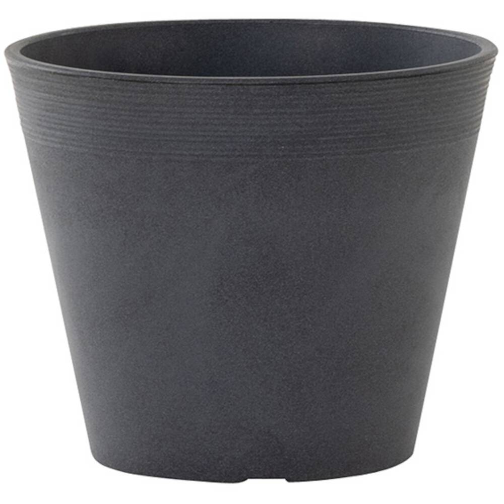 Grauer Blumentopf aus Kunststoff, zylindrische Form, ohne Pflanzen oder Dekoration, geeignet für Innen- und Außennutzung.