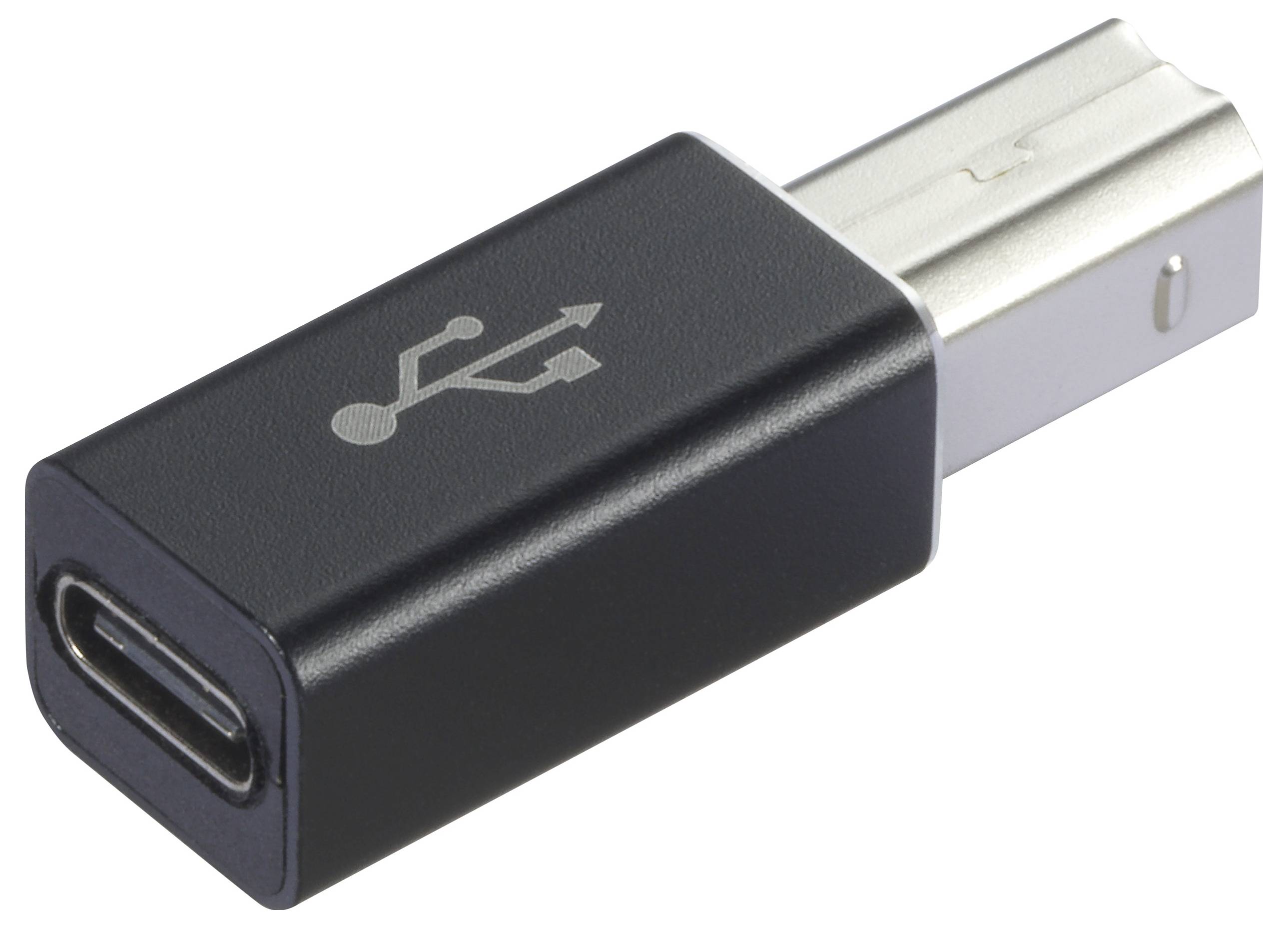 Ein schwarzer USB-Adapter mit USB-A-Stecker und USB-C-Buchse, geeignet für den Anschluss von USB-C-Geräten an Standard-USB-Ports.