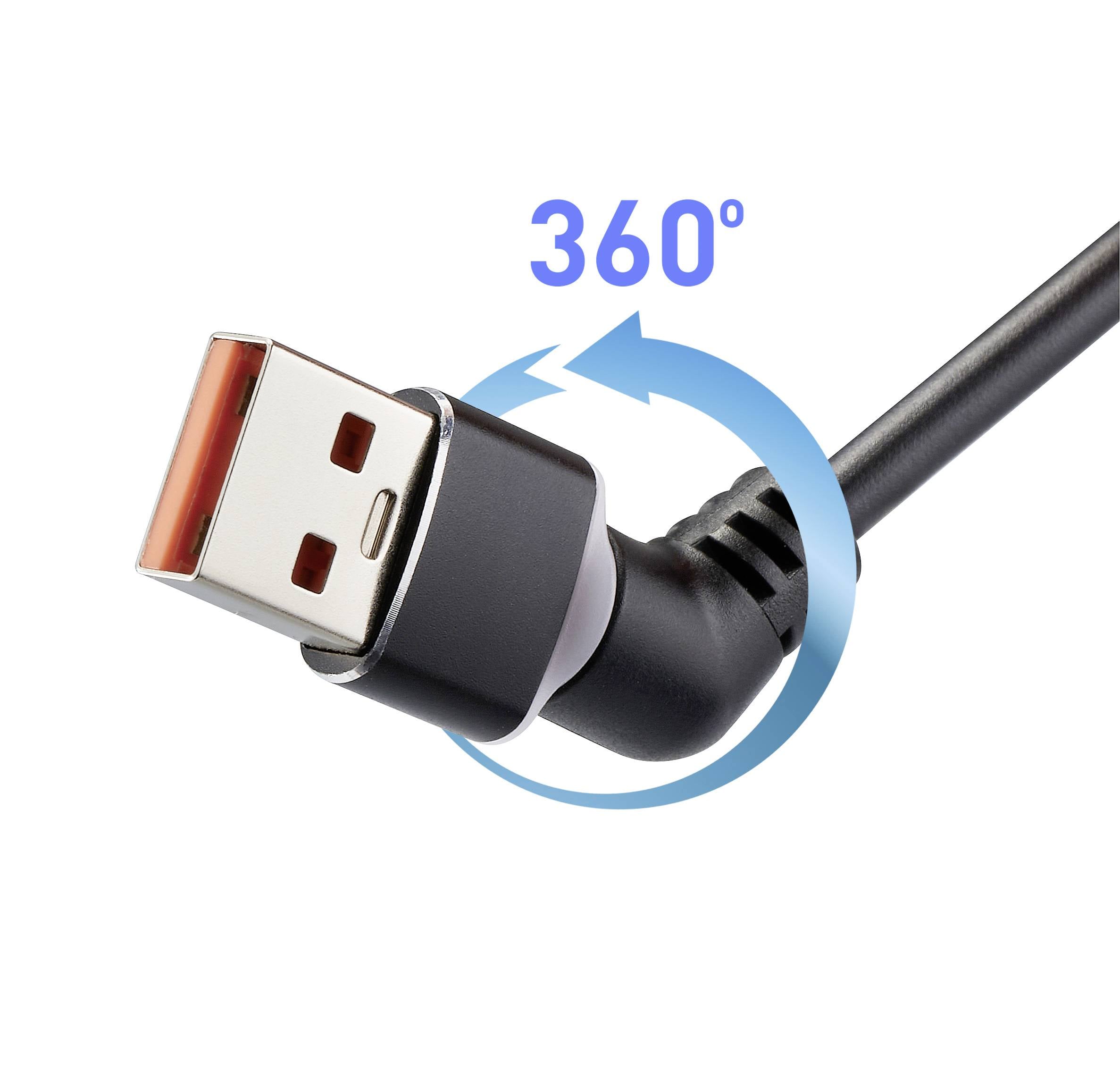 USB-Kabel mit drehbarem 360-Grad-Stecker bei schwenkbarer Verbindung.