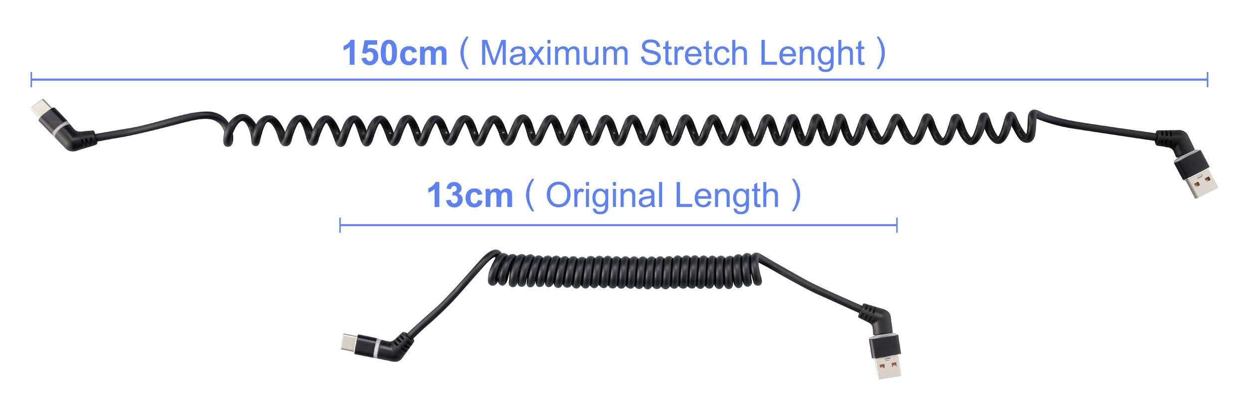 Bild zeigt ein gewundenes USB-Kabel. Oben ist es auf 150 cm gedehnt, unten in der Originalgröße von 13 cm.
