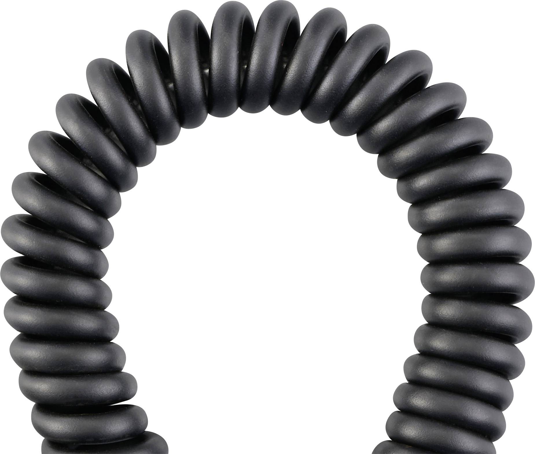 Ein spiralförmiges schwarzes Telefonschnur-Kabel, gebogen in einem Bogen, auf weißem Hintergrund.