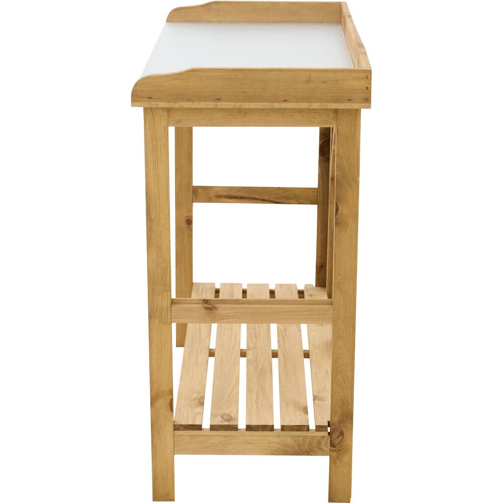 Ein stilvoller, aus Holz gefertigter Wickeltisch mit zwei Regalebenen für zusätzlichen Stauraum, geeignet für Kinderzimmer.