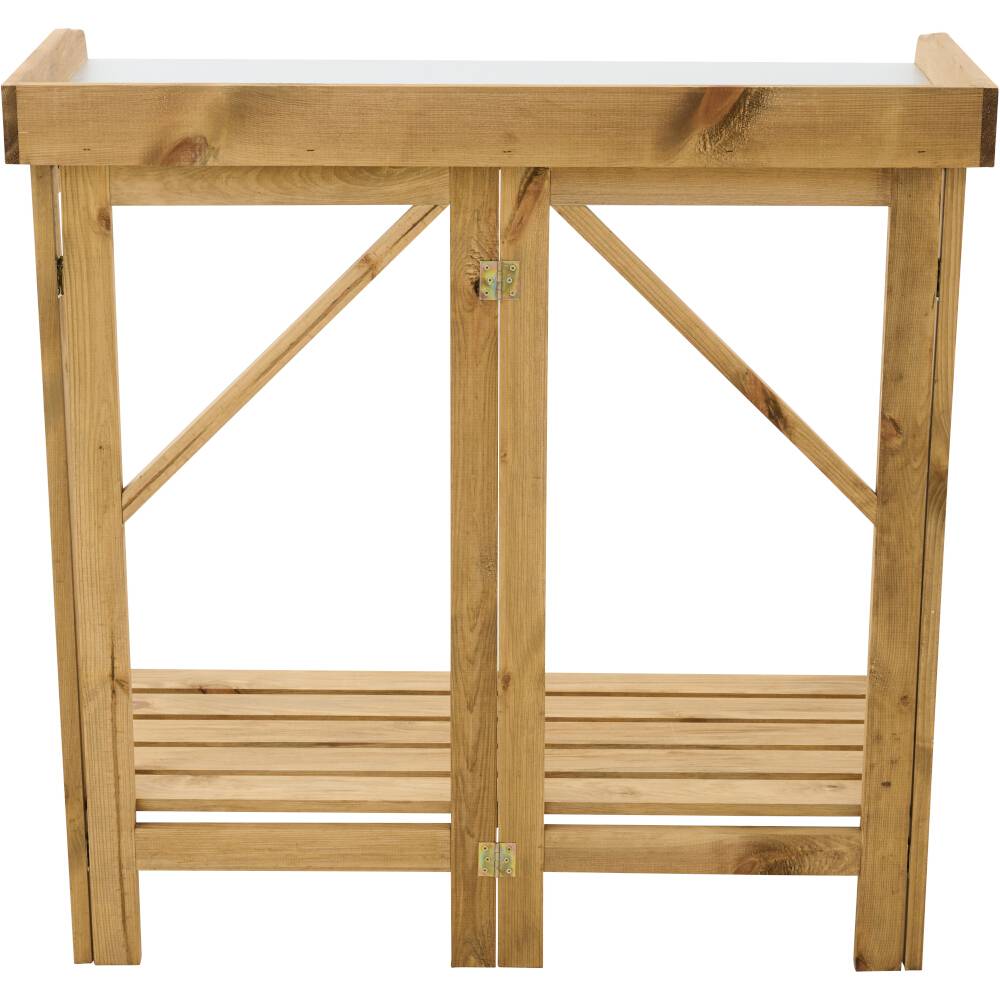 Holz-Pflanztisch mit zwei Ablagen. Oberes Fach für Pflanzenarbeiten, untere Ablage für Lagerung. Natürliche Holzoberfläche.