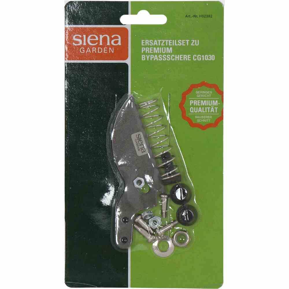 Verpackung von Siena Garden mit Ersatzteilset für Bypassschere, enthält Klinge, Feder und Schrauben, markiert mit 'Premium-Qualität'.