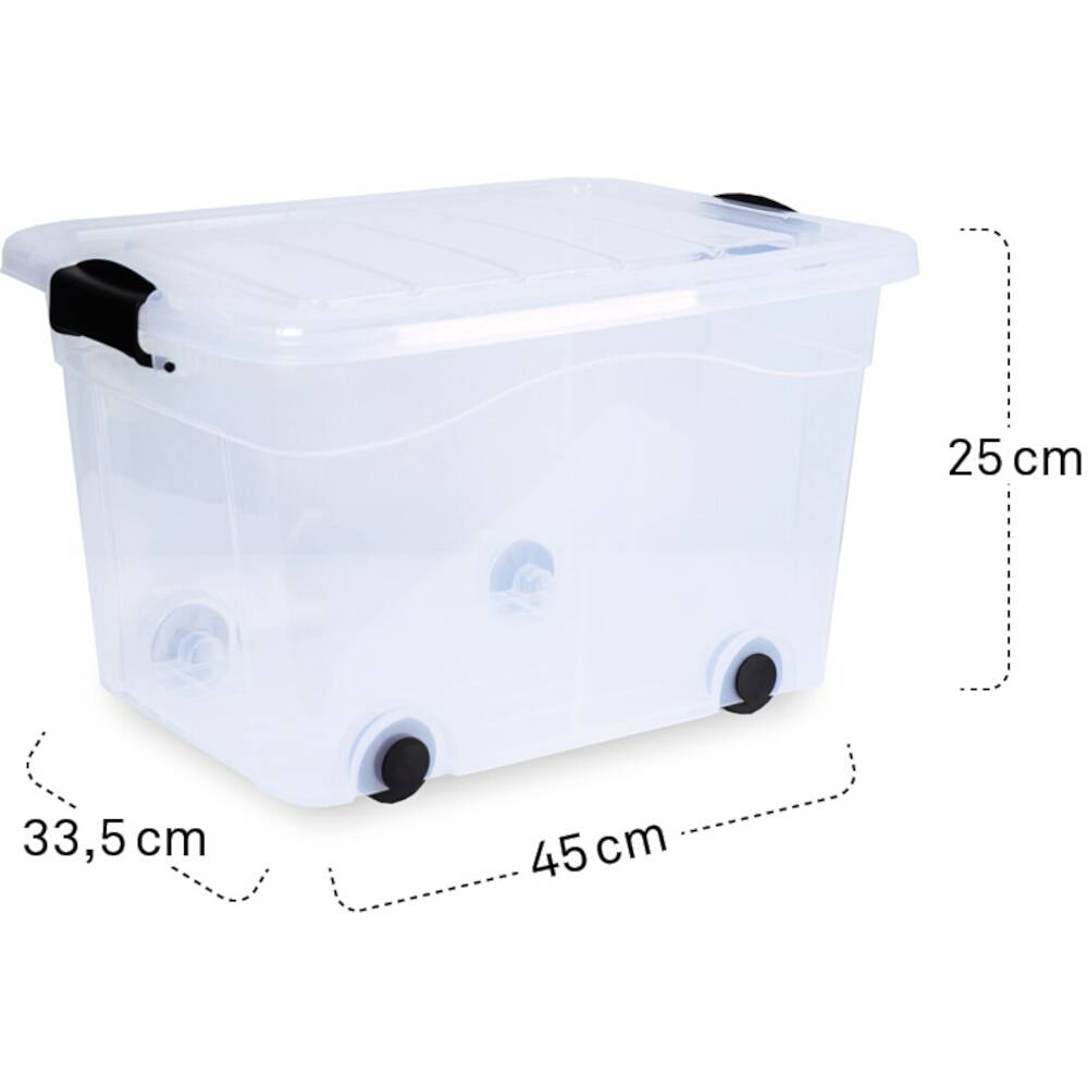 Transparente Aufbewahrungsbox mit Rollen, 45 cm lang, 33,5 cm breit, 25 cm hoch, geeignet zur platzsparenden Lagerung.