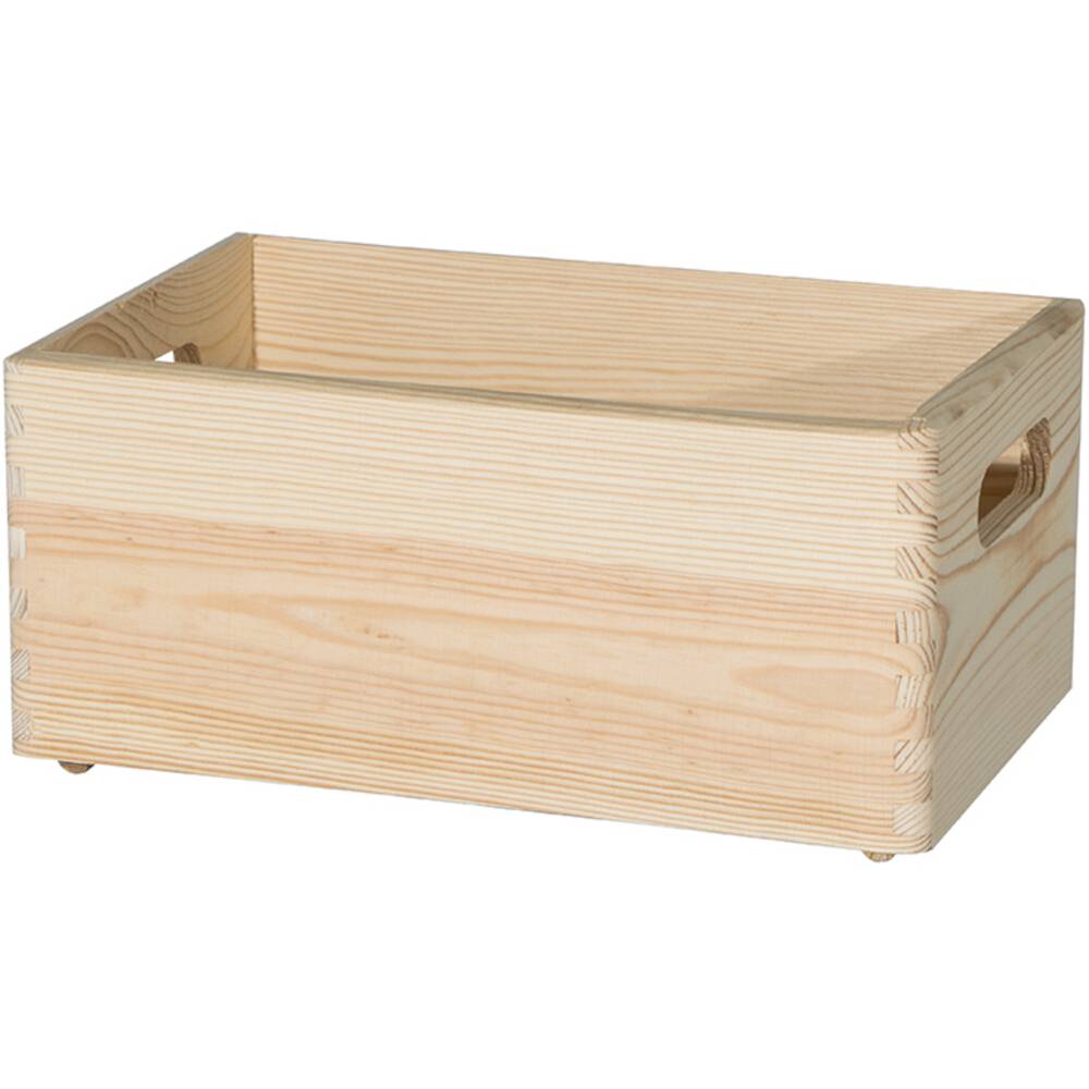Holzkiste aus hellem Holz mit Griffen an den Seiten, ideal zum Aufbewahren und Transportieren von Gegenständen.