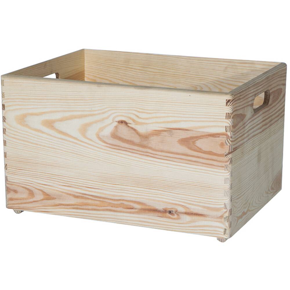 Holzkiste aus hellem, unbehandeltem Holz mit sichtbarer Maserung und Ausschnittgriffen an den Seiten. Geeignet zur Aufbewahrung.