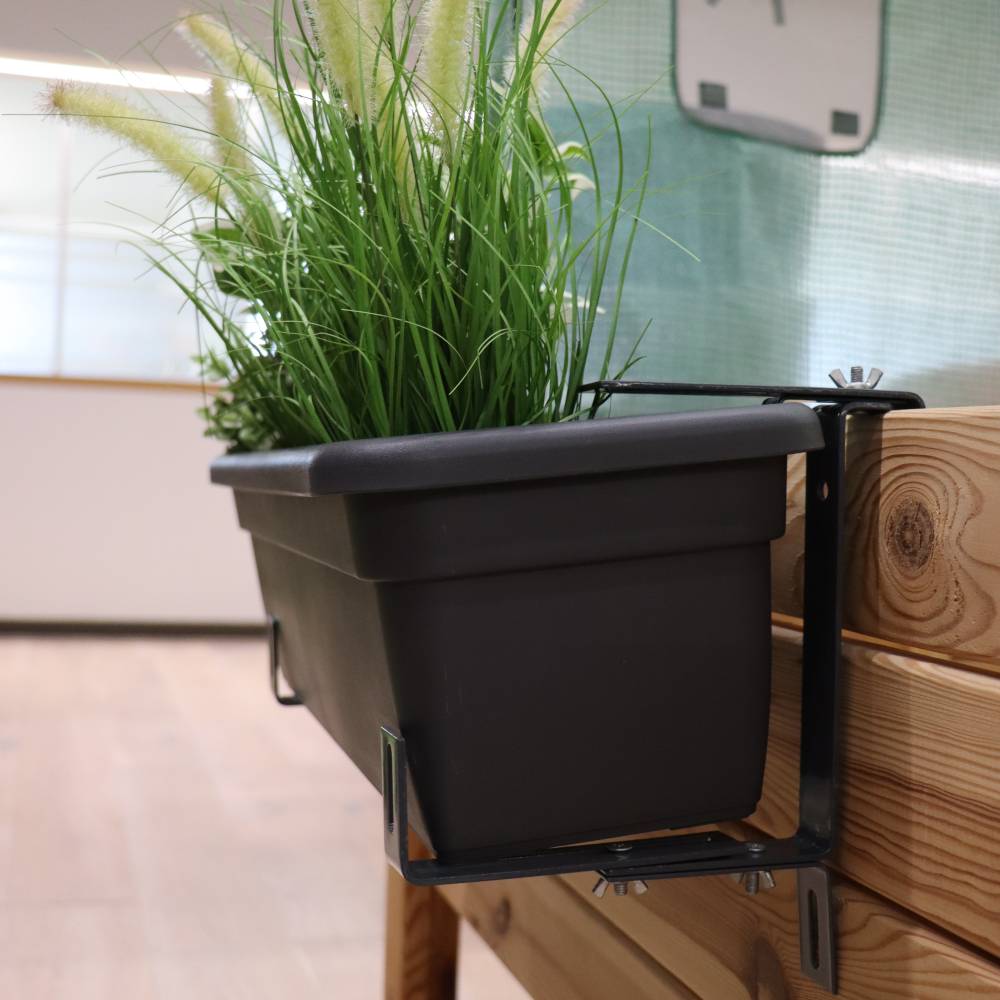 Ein schwarzer Blumenkasten mit dichtem, grünem Gras steht auf einem Holzgeländer in einem modernen Innenraum.