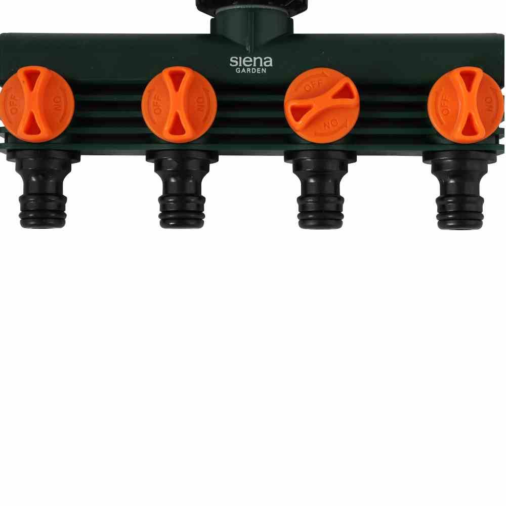 Ein grüner Gartenverteiler mit fünf orangefarbenen Anschlüssen für Schläuche. Markenname 'Siena Garden' oben sichtbar.