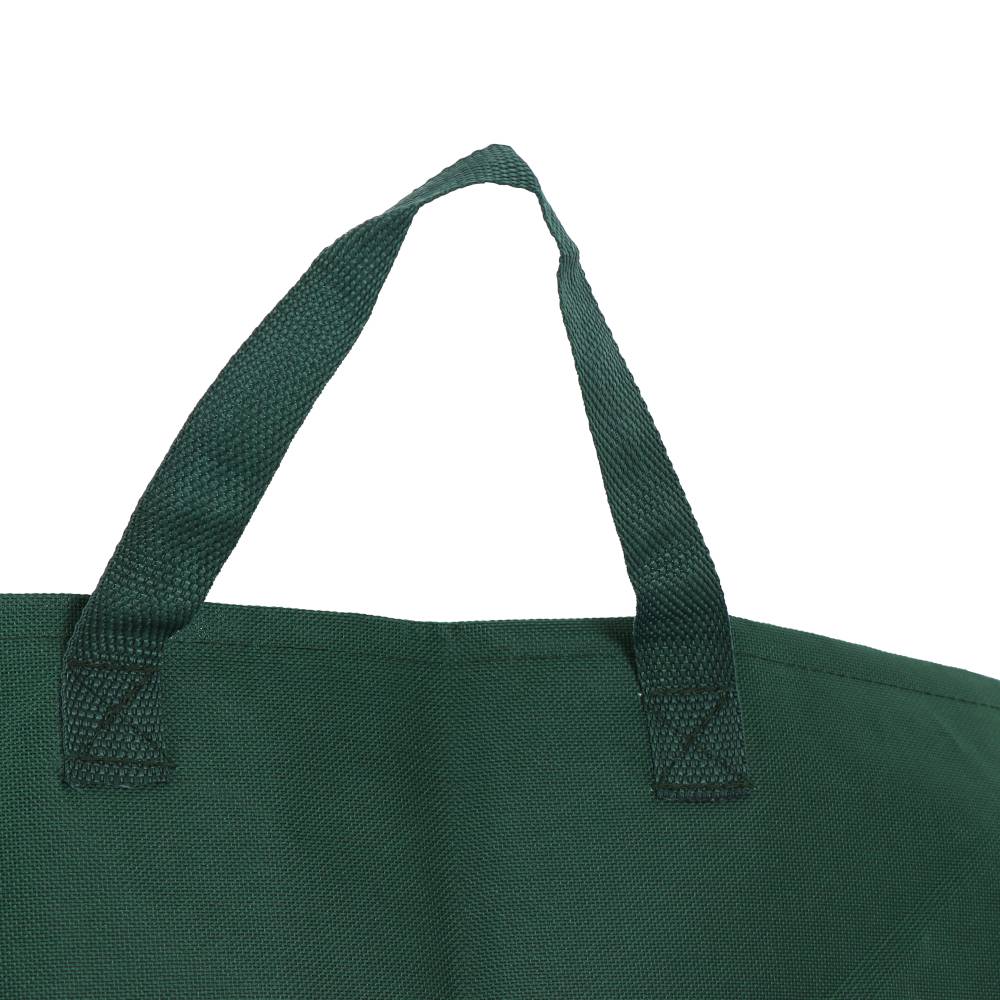 Grüner Stoffbeutel mit robusten Tragegriffen, Nahaufnahme des oberen Bereichs.