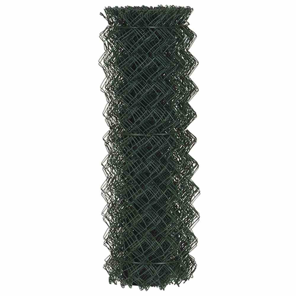 Eine Rolle Maschendrahtzaun, eng zusammengerollt, mit dunkelgrüner Beschichtung. Ideal für Garten- oder Grundstücksumzäunungen.
