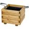 Holzblumentopf mit schwarzer Innenverkleidung und zwei grauen Tragegurten. Eignet sich für Gartendekoration oder Pflanzenhaltung.