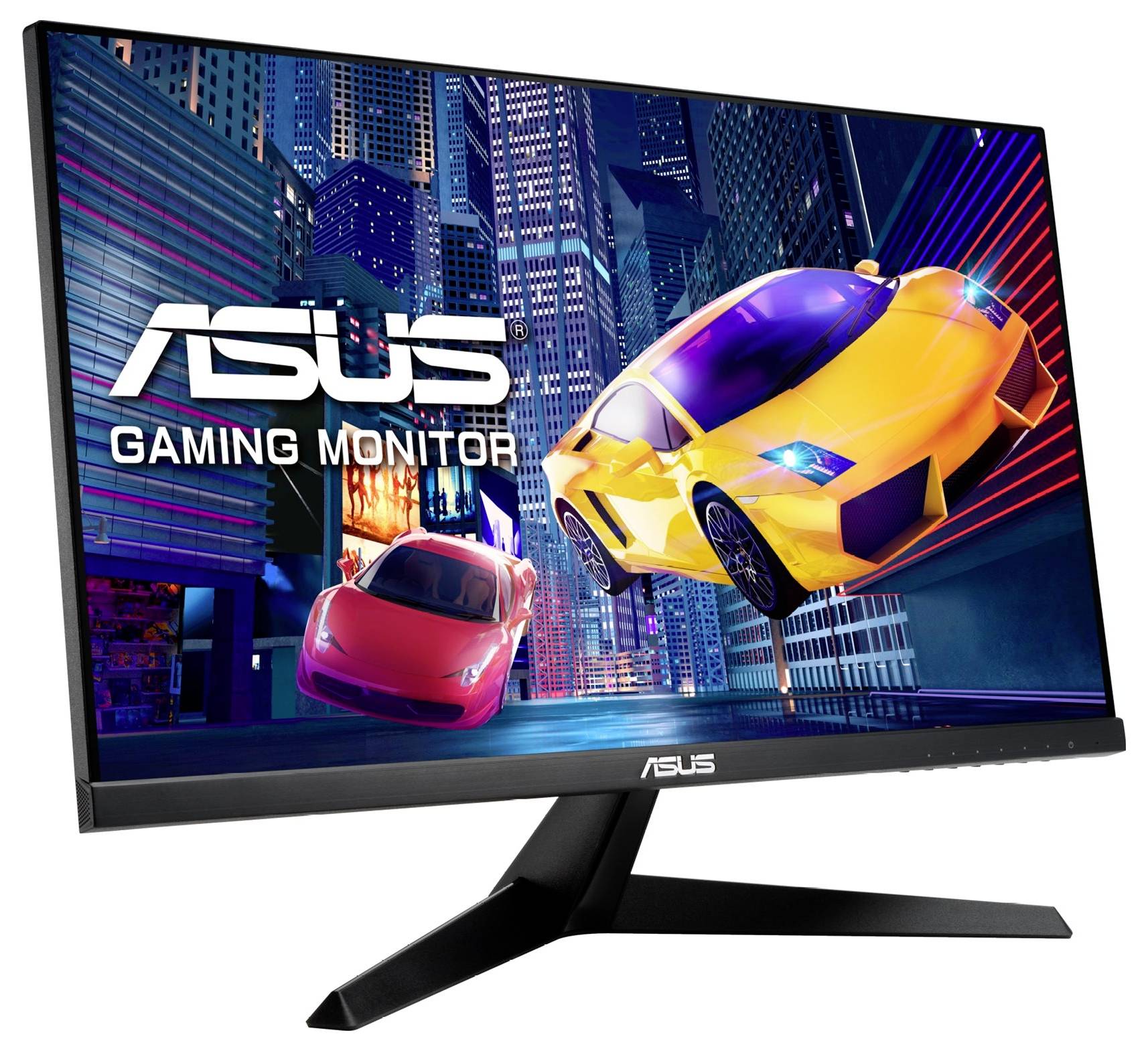 Gaming-Monitor von Asus mit neongelb-blauem Sportwagen und rotem Auto in einer futuristischen Stadtlandschaft auf dem Bildschirm.
