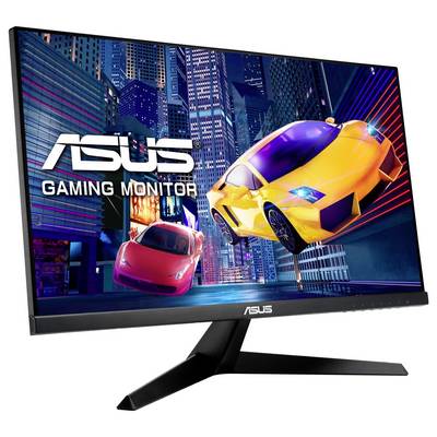 Gaming-Monitor von Asus mit neongelb-blauem Sportwagen und rotem Auto in einer futuristischen Stadtlandschaft auf dem Bildschirm.