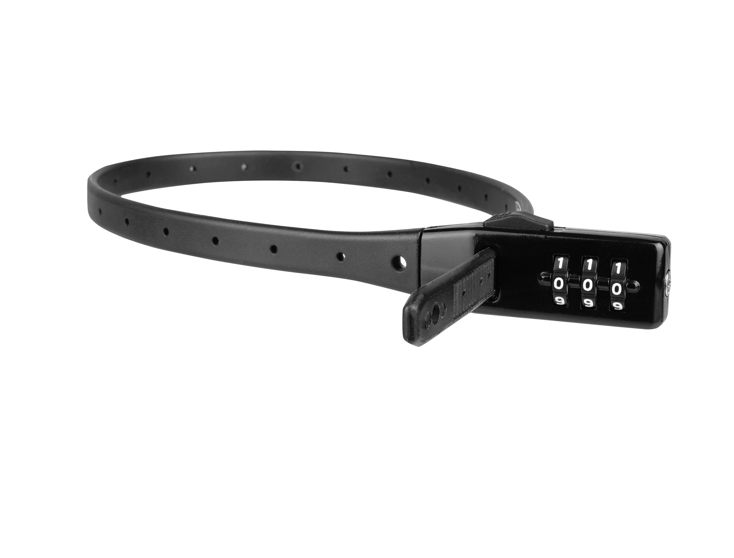 Ein schwarzes Zahlenschloss mit einem flexiblen, einstellbaren Band und einem dreistelligen Kombinationsmechanismus.