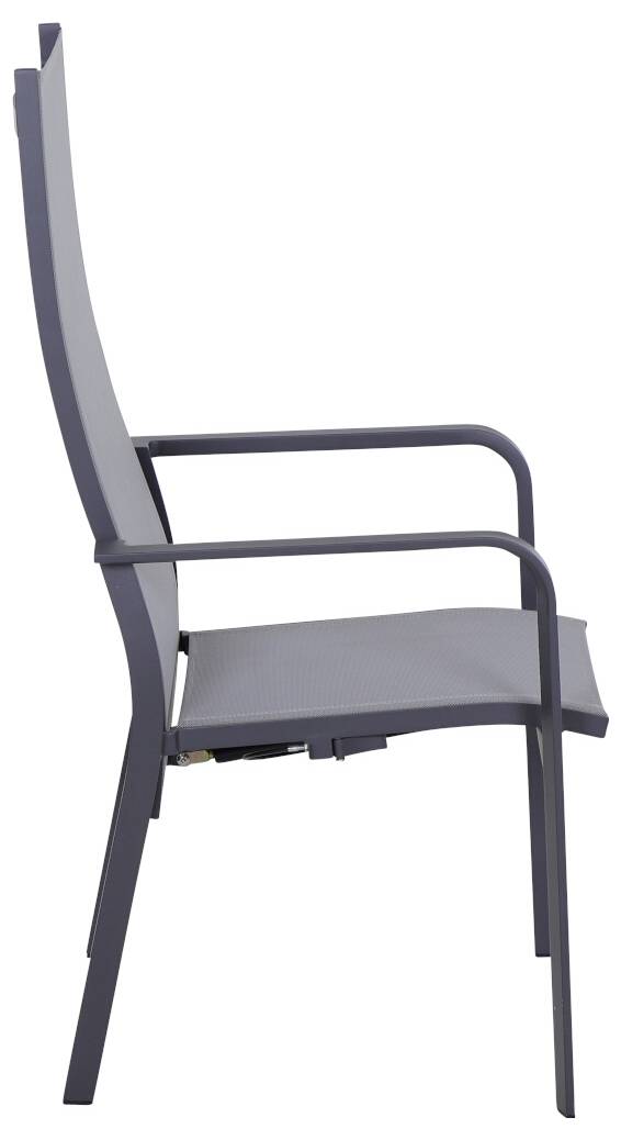 Moderner Gartenstuhl mit schwarzem Metallrahmen und grauer Sitzfläche, seitliche Ansicht. Ideal für Außenbereiche.