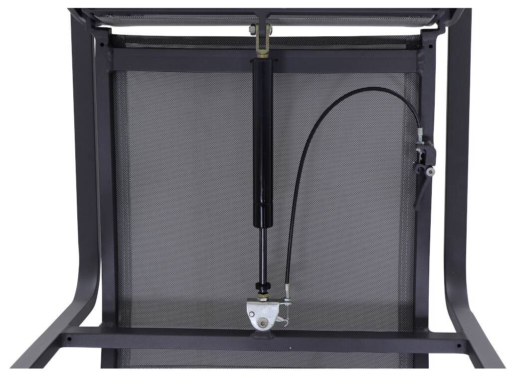 Unterseite eines Stuhls mit hydraulischem Zylinder und Hebemechanismus. Kabel führt zur Mechanik, Rahmen aus Metall.