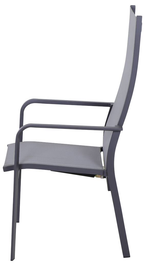 Moderner Stuhl mit Metallrahmen und grauem Textilbezug, Seitenansicht. Geeignet für drinnen und draußen.
