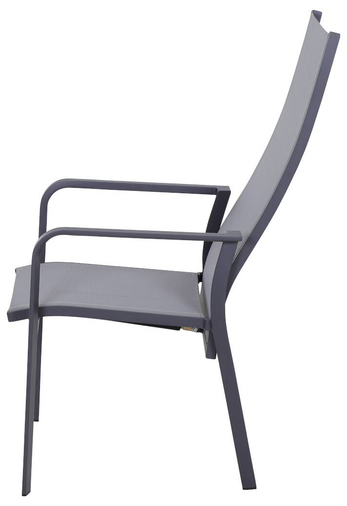 Moderner Metallstuhl in Seitenansicht, mit gerader Rückenlehne und Armlehnen, geeignet für Innen- und Außenbereiche.