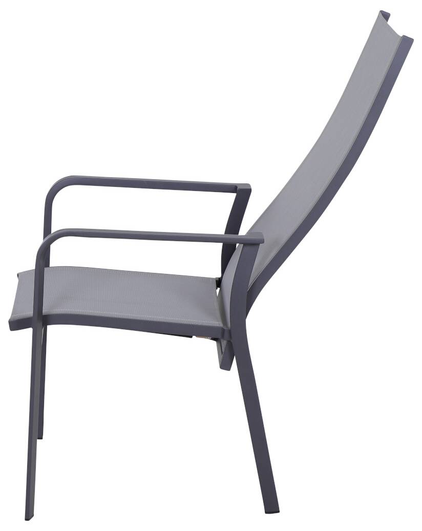 Moderner Gartenstuhl aus grauem Metall mit Armlehnen, seitlich betrachtet. Geeignet für den Außenbereich.