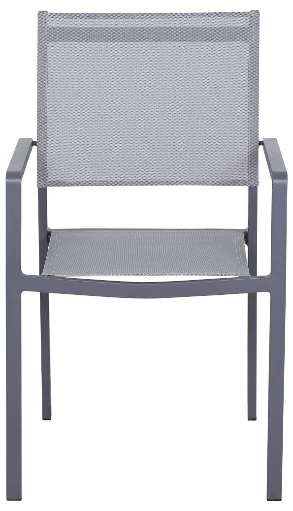 Ein einfacher, moderner Stuhl mit einem grauen Metallrahmen und einer hellgrauen Sitz- und Rückenfläche, ohne Armlehnenpolster.