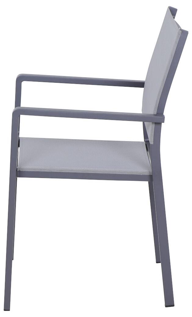 Grauer Metallstuhl mit Armlehnen und schlichtem Design, seitliche Ansicht. Geeignet für den Einsatz im Innen- und Außenbereich.