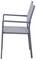 Grauer Metallstuhl mit Armlehnen und schlichtem Design, seitliche Ansicht. Geeignet für den Einsatz im Innen- und Außenbereich.