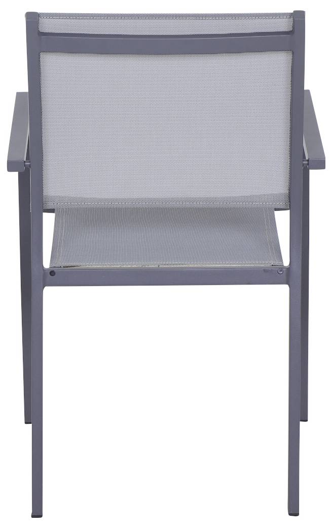 Ein einfacher grauer Stuhl aus Metall mit Armlehnen und einem Textilgewebe als Sitzfläche und Rückenlehne, von hinten gezeigt.
