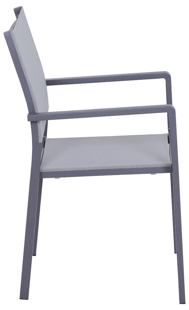 Ein moderner Gartenstuhl aus Metall, seitliche Ansicht. Der Stuhl hat Armlehnen und eine graue Sitzfläche, geeignet für Außenbereiche.