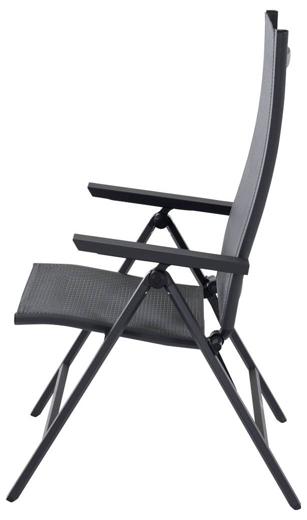 Ein schwarzer Klappstuhl mit gepolstertem Sitz und Rückenlehne, in seitlicher Ansicht. Geeignet für Innen- und Außenbereiche.