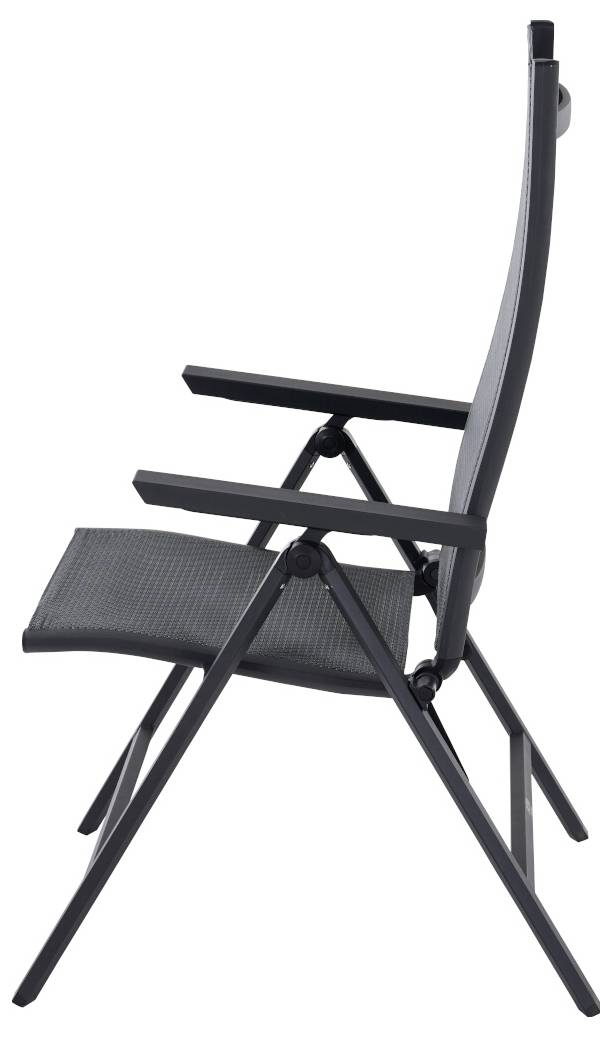 Moderner, seitlich zusammenklappbarer Gartenstuhl mit schwarzem Metallrahmen und dunkelgrauem Sitzbezug, geeignet für Außenbereiche.