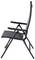 Moderner, seitlich zusammenklappbarer Gartenstuhl mit schwarzem Metallrahmen und dunkelgrauem Sitzbezug, geeignet für Außenbereiche.