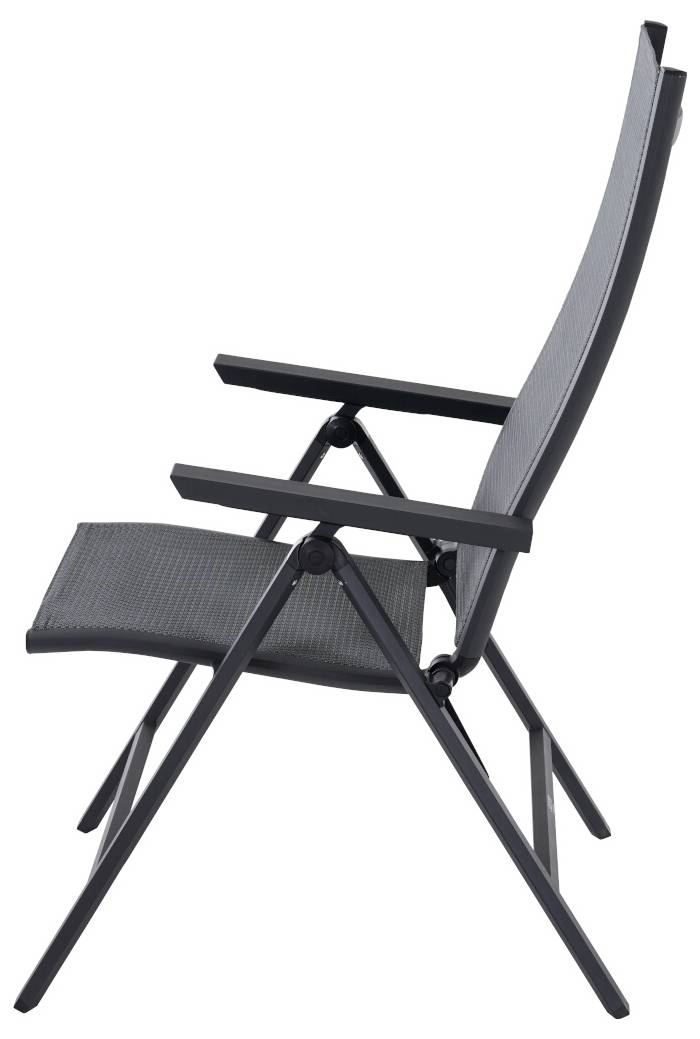 Schwarzer Klappstuhl mit hoher Rückenlehne, seitlich betrachtet; zeigt ein minimalistisches Design für Indoor- und Outdoor-Nutzung.