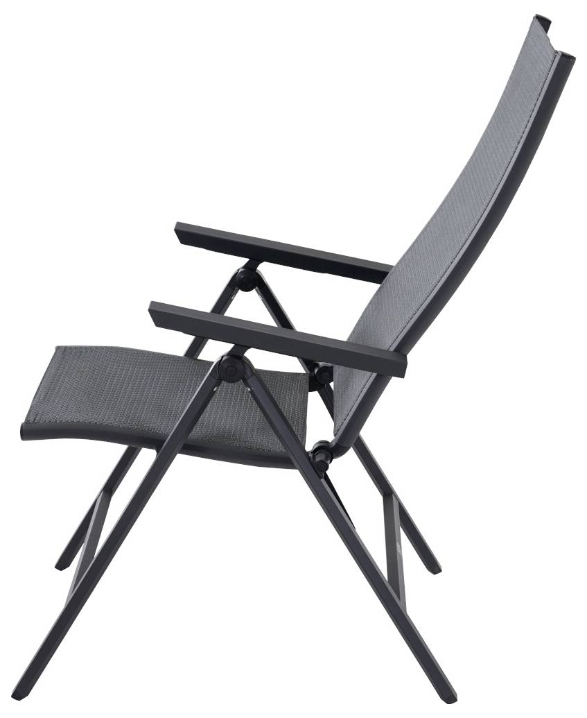 Ein grauer Klappstuhl mit schwarzem Gestell in seitlicher Ansicht. Der Stuhl zeigt eine schlichte, moderne Konstruktion mit Armlehnen.