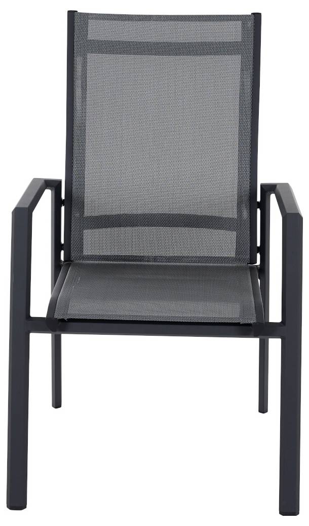 Ein moderner Gartenstuhl aus Metall mit einem Netzsitz und -rückenlehne, schwarz mit geraden Armlehnen, geeignet für den Außenbereich.