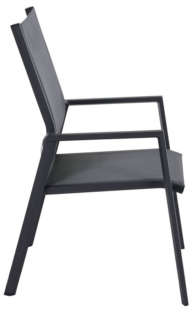 Ein moderner, schwarzer Stuhl mit gerader Rückenlehne und Armlehnen. Der Stuhl hat ein minimalistisches Design und ist seitlich zu sehen.