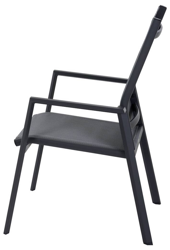 Moderner Stuhl aus schwarzem Metall mit Armlehnen und minimalistischem Design, seitliche Ansicht.