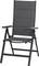 Ein klappbarer Gartenstuhl mit hohem, gepolstertem Rücken in dunklem Grau. Holzarmlehnen verleihen dem Stuhl einen eleganten Akzent.