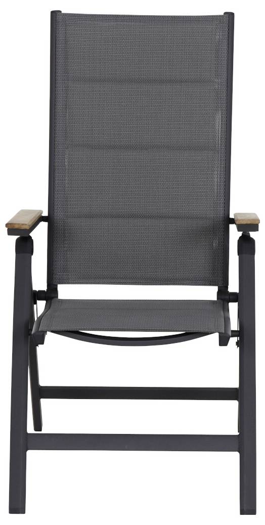 Dunkelgrauer, moderner Gartenstuhl mit Armlehnen aus Holz. Geeignet für den Außenbereich.