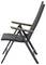 Ein moderner, zusammenklappbarer Gartenstuhl aus Metall mit Armlehnen aus Holz, von der Seite gesehen.