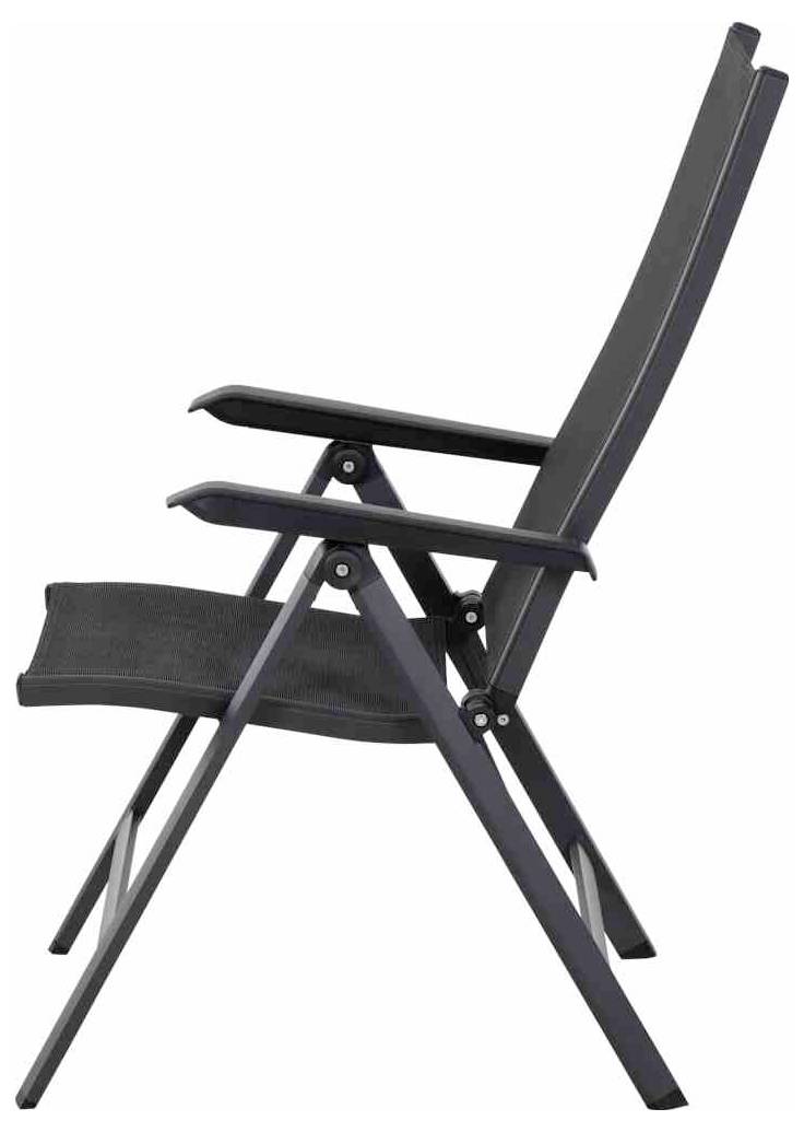Klapptstuhl aus schwarzem Metall, seitliche Ansicht. Rückenlehne geneigt, Sitzfläche aus Textilgewebe, geeignet für Garten oder Balkon.