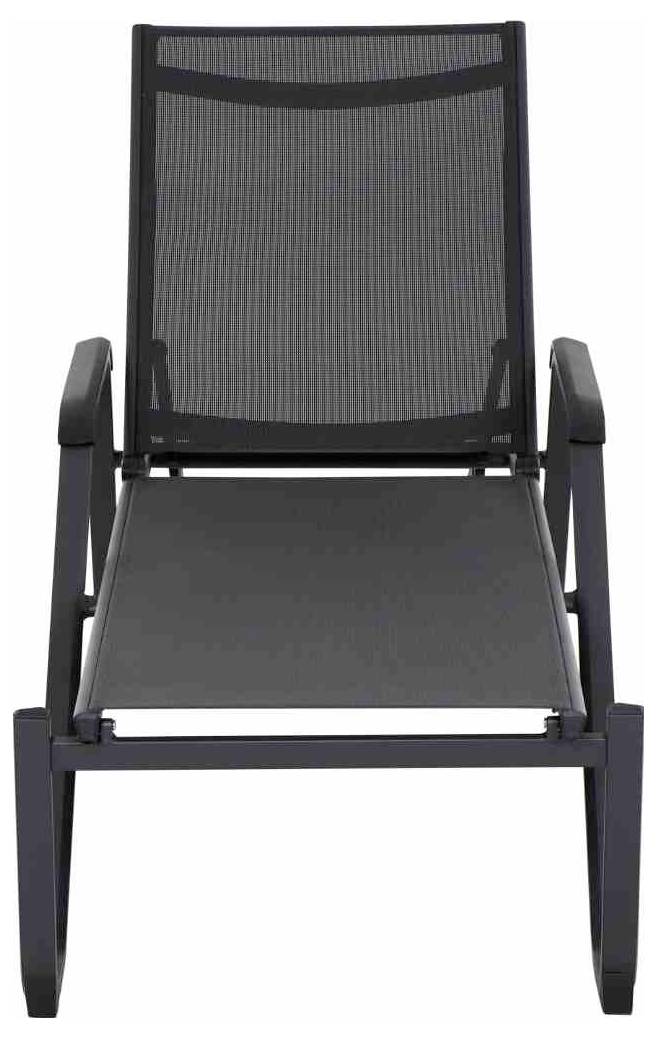 Schwarzer Liegestuhl aus Metall mit Netzgewebe-Sitzfläche und -Rückenlehne, geeignet für den Außenbereich.