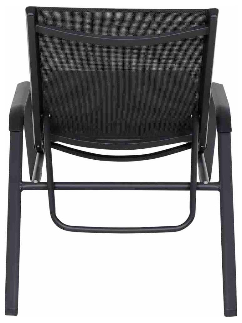 Ein schwarzer Stuhl aus Metall mit Armlehnen, von hinten gesehen. Geeignet für den Innen- oder Außenbereich.