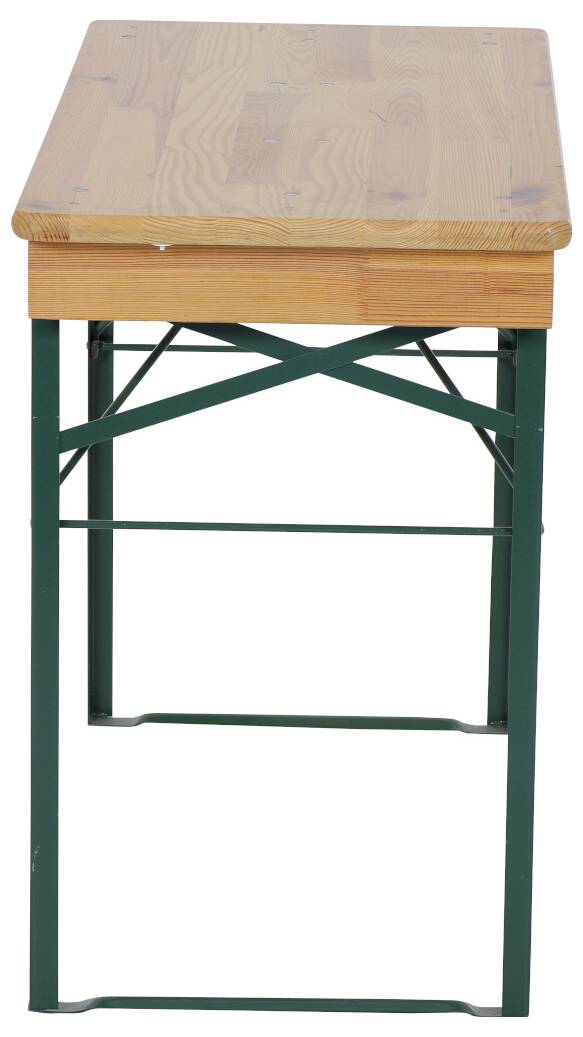 Holztisch mit klappbarem Metallgestell in grüner Farbe, von der Seite gesehen.