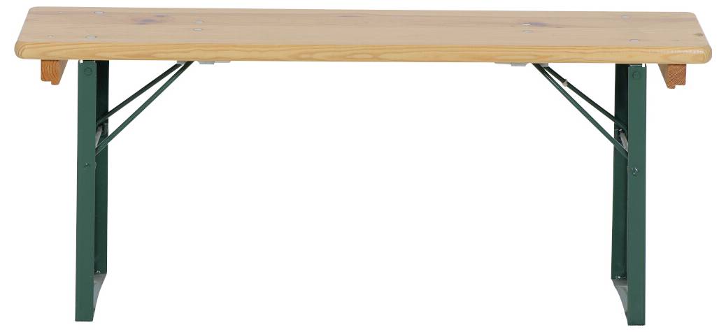 Holzbank mit grünen Metallbeinen, geeignet für Biergärten oder Veranstaltungen im Freien.